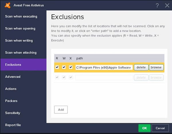 add exceptions to avast